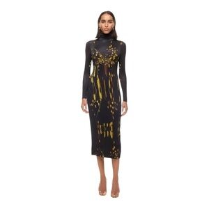 Prabal Gurung Long Sleeve Turtleneck Midi Dress Black Yellow Size Small